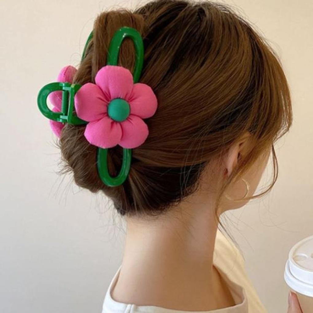 Women's Hair Pink Flower Green Big O-Rim Hair Clip