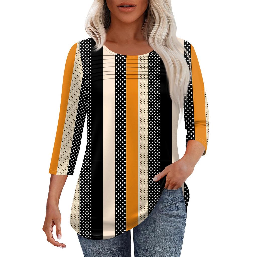 Dámský módní top s kulatým výstřihem, plisovanou přední légou, jednobarevný, s 3/4 rukávy