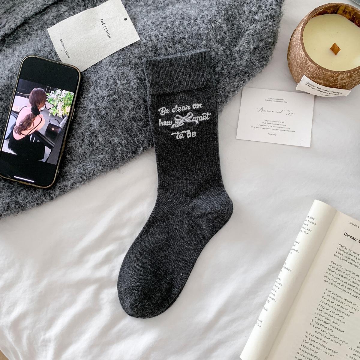 

Socks Female Alphabet Bow Embroidered Medium Tube Socks Korean Outer Wear Gray Boneless Pile Socks One size fits all