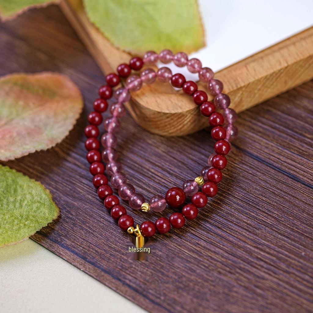 Damen Zinnober Erdbeerkristall Perlenarmband: Buddhistischer Schmuck im Retro-Stil