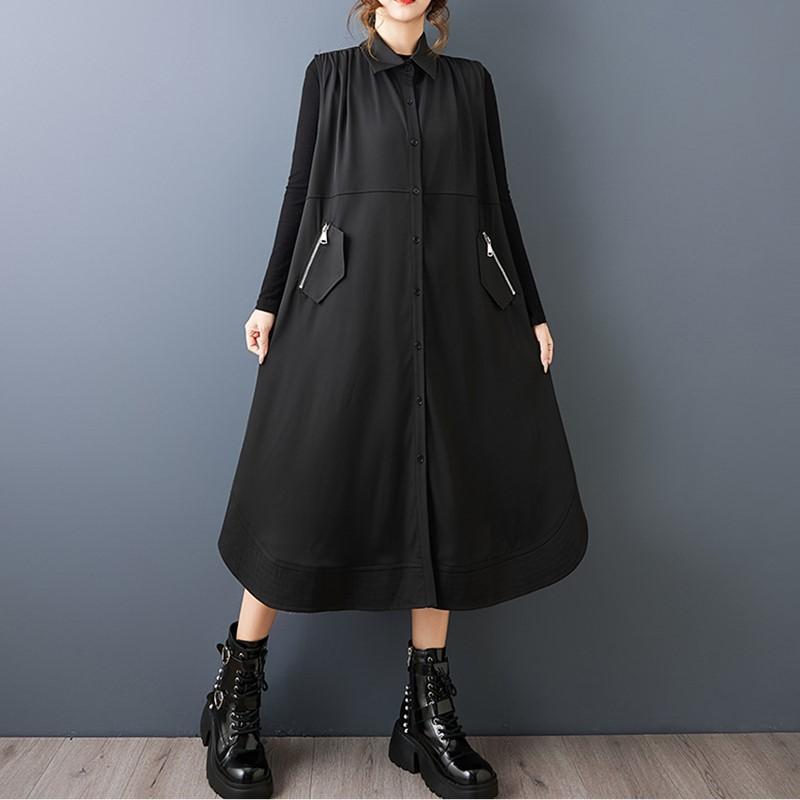 Sleeveless Plus Size  Vintage Black New In Tank Dresses for Women Casual Loose Long Spring Autumn Shirt Dress