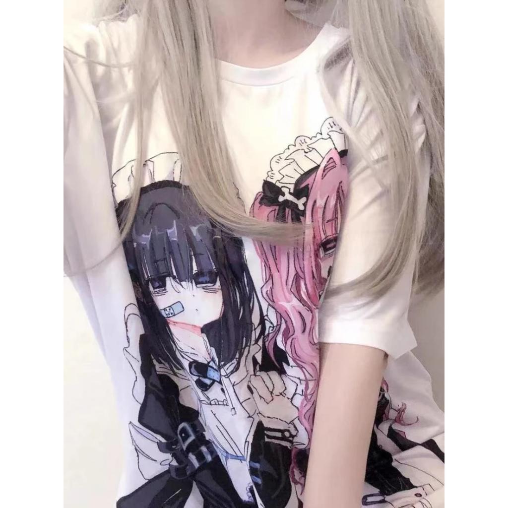TrendHub Y2k Aesthetic Cute Cartoon Print Round Neck Short-sleeved T-shirt Women Casual Loose Top Japanese Kawaii Tees