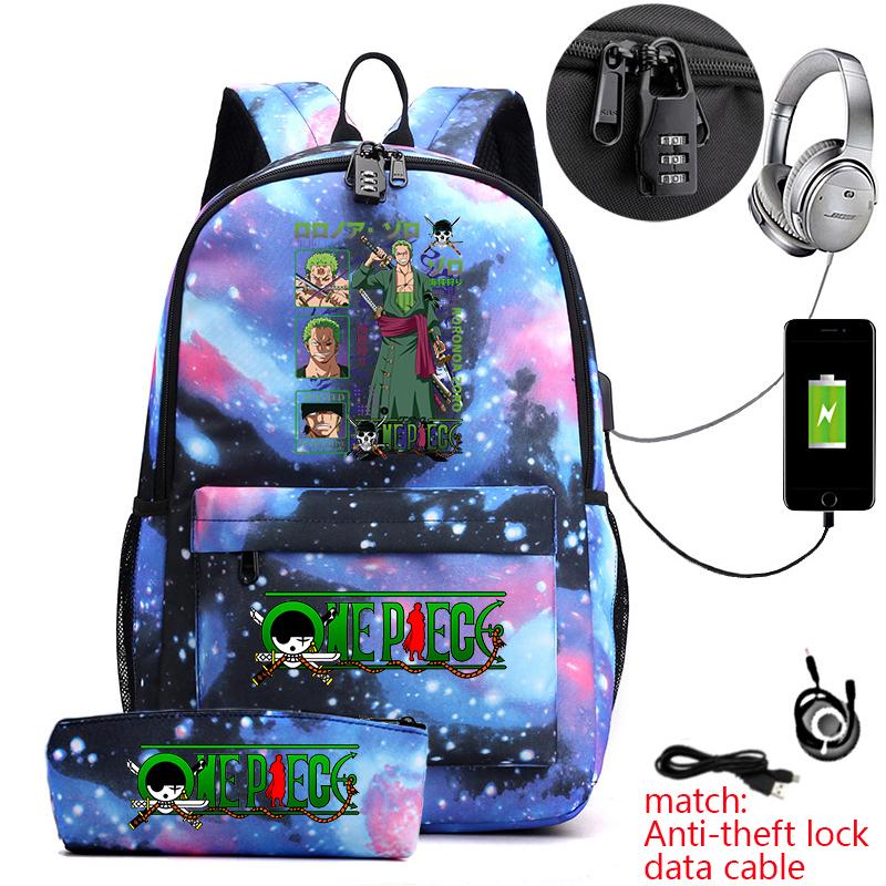 One Piece Zoro Print Anti Theft School Backpack Student Bookbag with Pen Case for Kids Teens