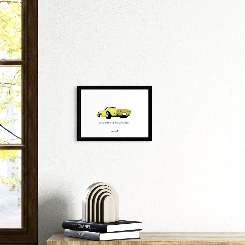 Vintage Car Pop Art Poster, American Car, A4 Framed, Chevrolet Corvette 1968 (Yellow/A4 Framed (Black Frame))