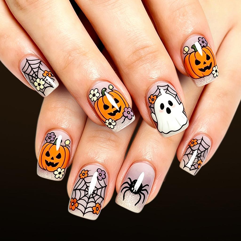 Spider-Web Ghost Pumpkin Glitter Press On Nails 24 Pieces Resin Square Shape Halloween Party Wearable Nail Set for Women Teens