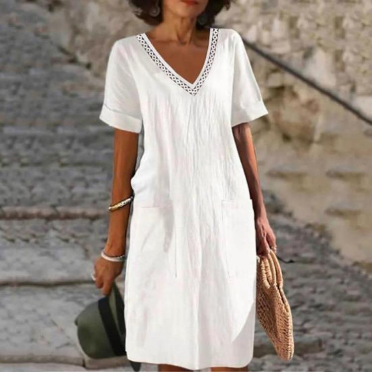Summer Casual Dress V Neck Short Sleeves High Waist Midi Loose Knee Length Daily Wear Solid Color with Side Pockets