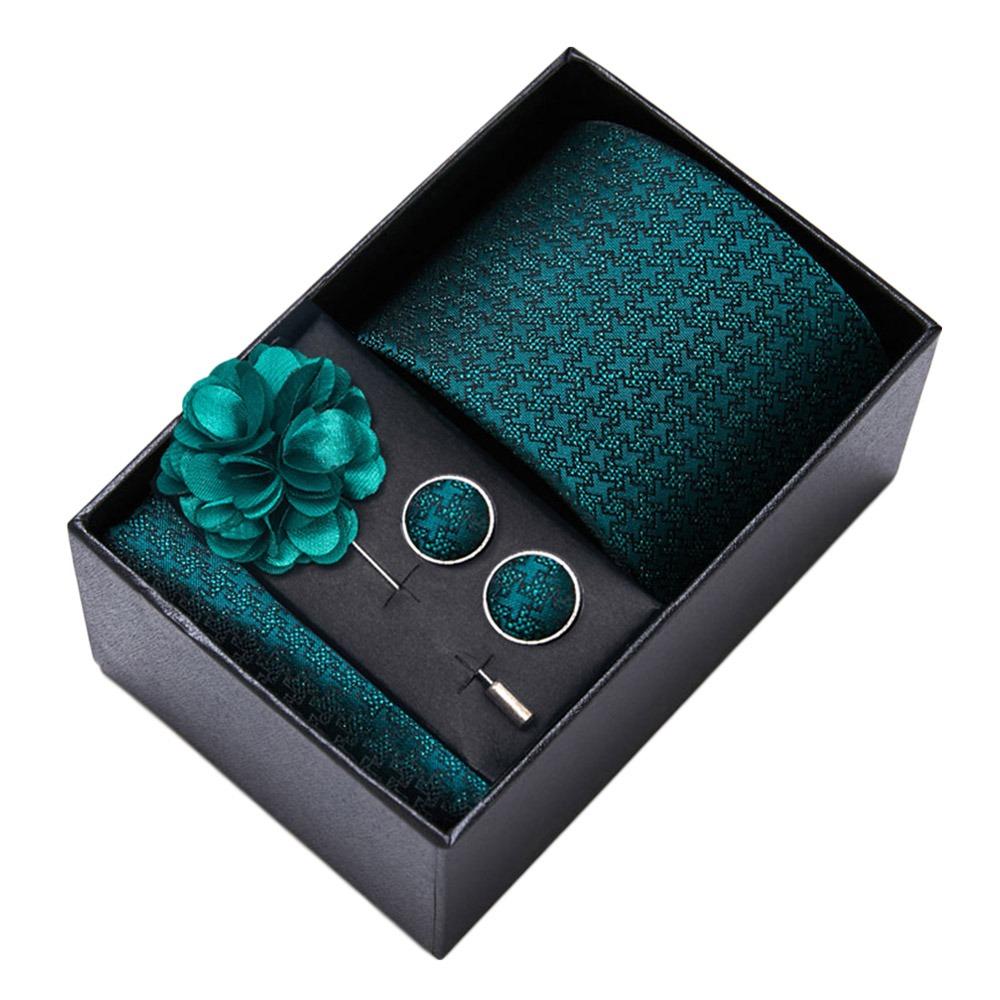 

4Pcs/Set Luxury Hanky Cufflinks Paisley Pocket Square Gift Box Neck Tie Brooch Set Bridesman 5
