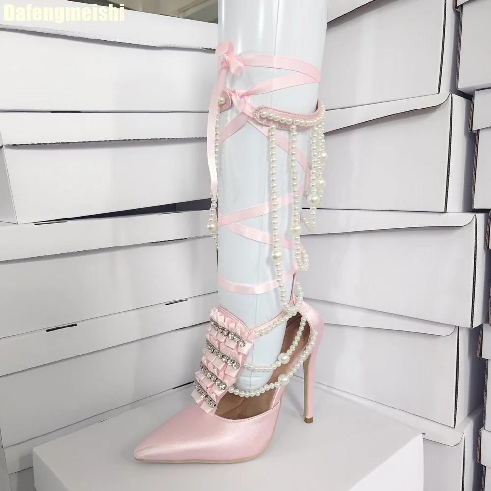 Fashion 2025 Summer Sandal Pink Satin Hollow Women Sandals Boots Crystal Pearl Chain Bling Bling Thin Heel Fashion Shoes Back Zipper
