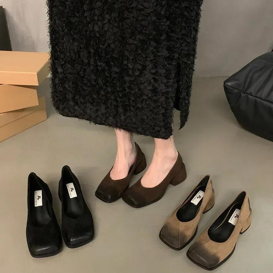 Fashion Retro Style Thick Heel Women Square Toe Shoes 2024 Fashion Shallow PU Leather Single Shoes Ladies Comfort Office Pumps