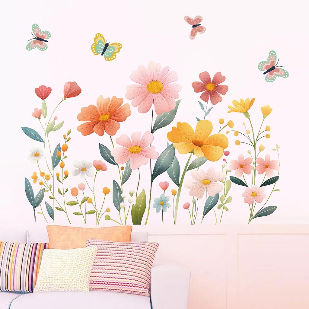 Cartoon Aesthetic Rustic Floral Butterfly Wall Stickers, Cute Girly Self-Adhesive Decor for Room Decoration