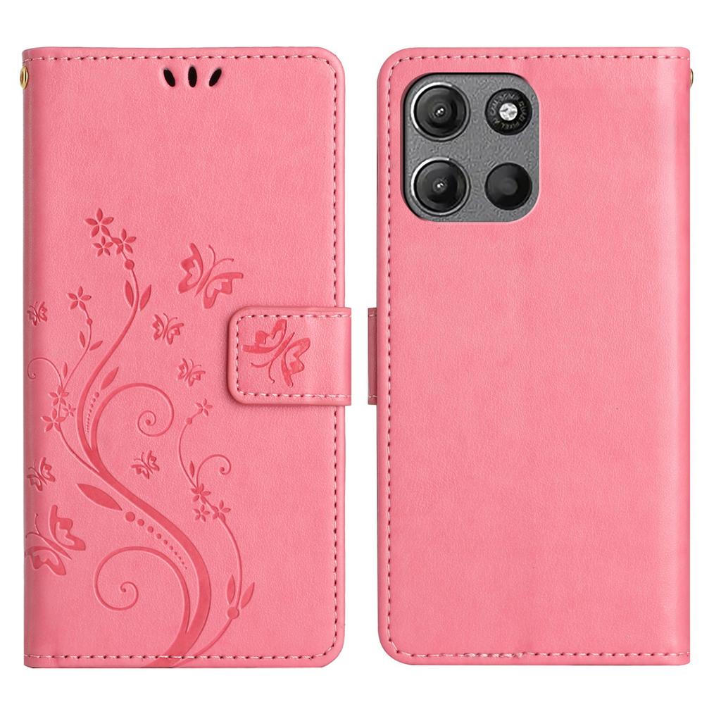 For Motorola Moto G15 4G Leather Wallet Case Butterfly Flower Imprinted Phone Cover with Strap