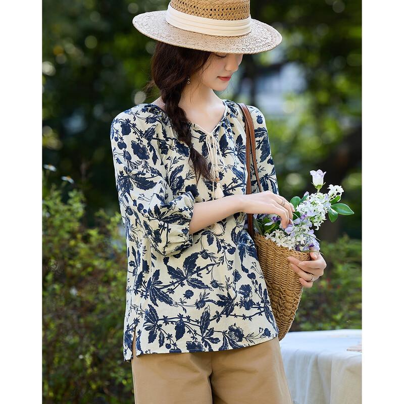 Demana Floral Print Tie-Neck 3/4 Sleeve Cotton Blouse