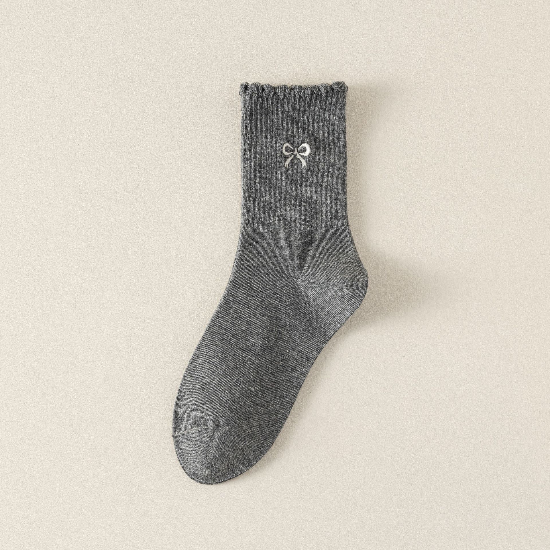 

Женские осенне-зимние новые носки-гольфы с вышивкой, бантом, кружевом и в горошек, влагоотводящие 1 pair темно серый