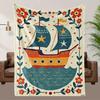 Soft Nautical Theme Fleece Blanket - All-Season 100% Polyester Bedspread With Maritime Design (Sailing Ships, Anchors, Lighthous
