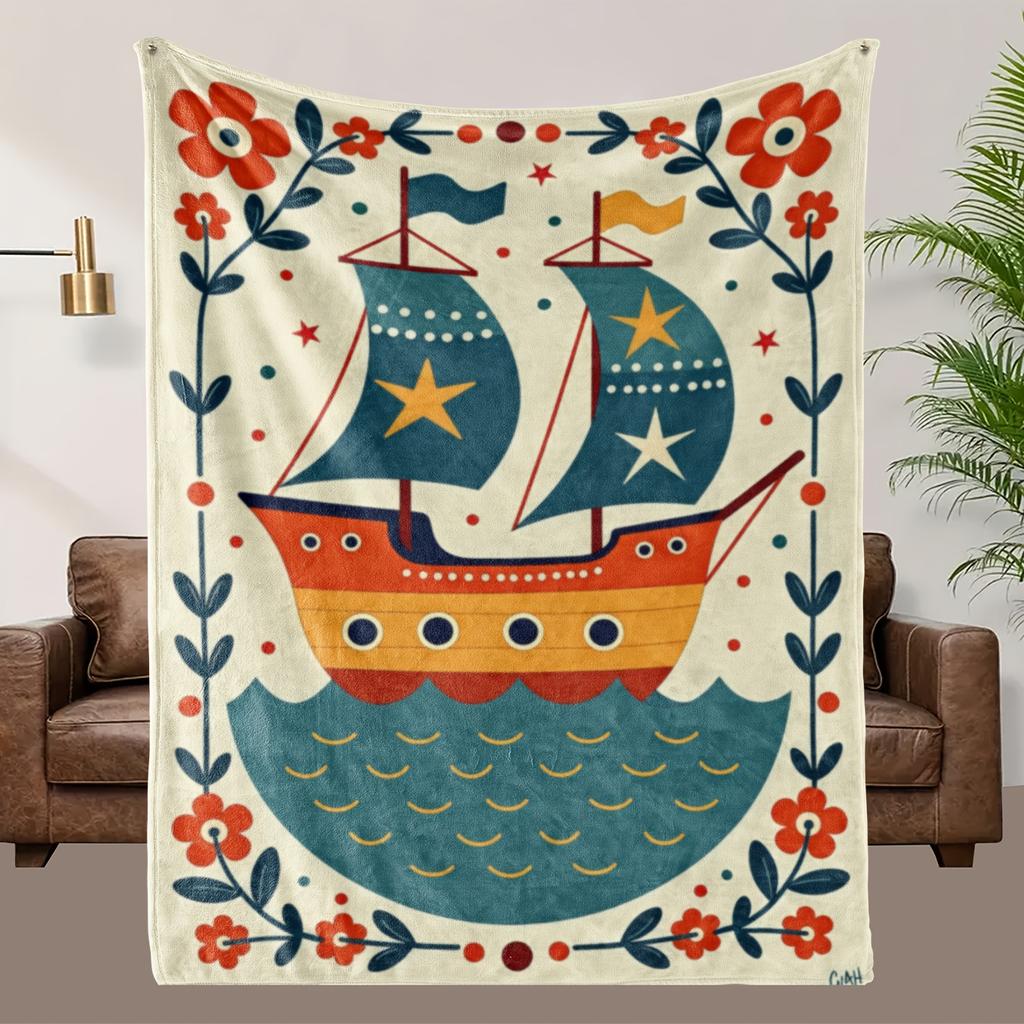 Soft Nautical Theme Fleece Blanket - All-Season 100% Polyester Bedspread with Maritime Design (Sailing Ships, Anchors, Lighthous
