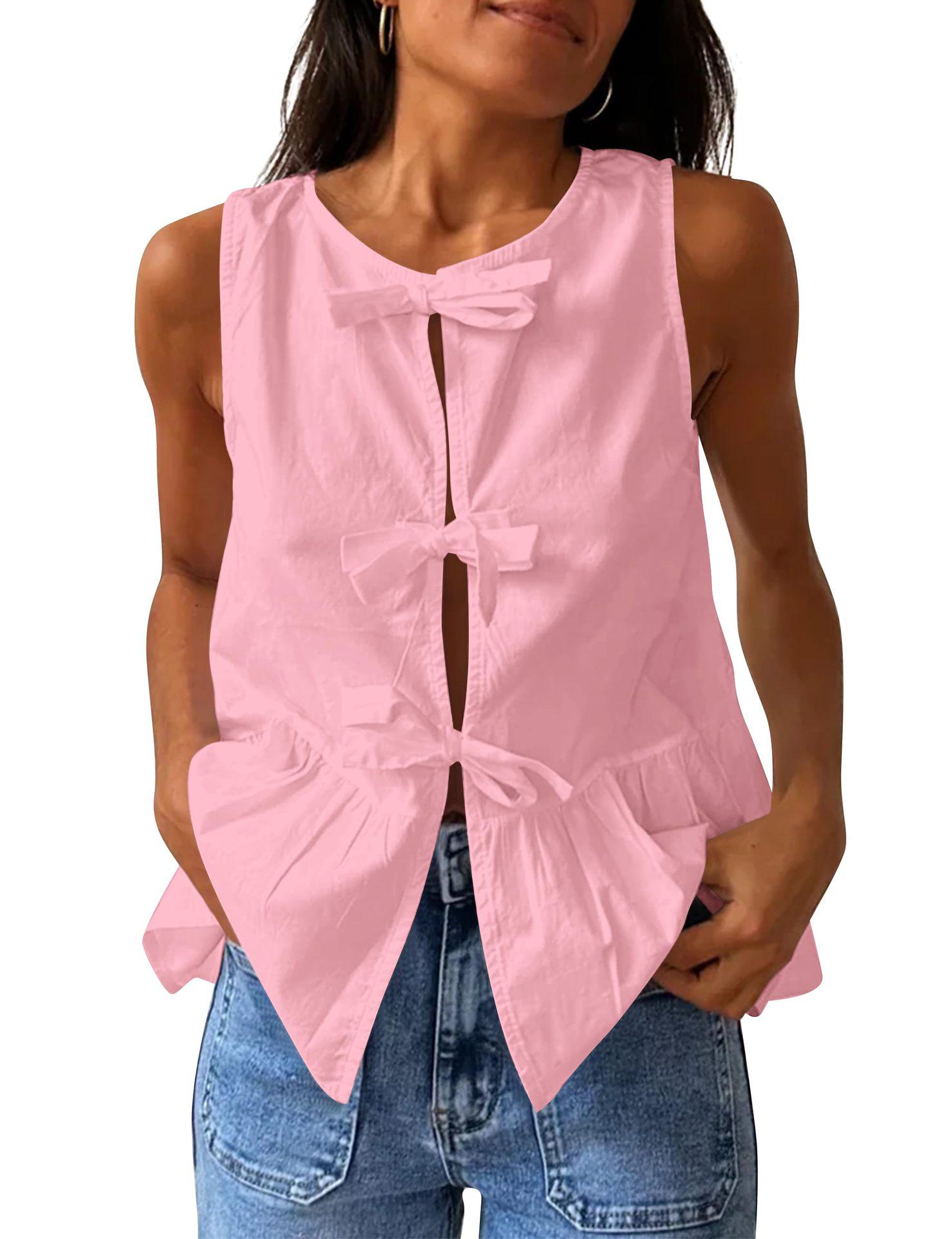 

Women s Sleeveless Solid Color Cotton Tie-Up Cardigan for Spring/Summer Large рожевий