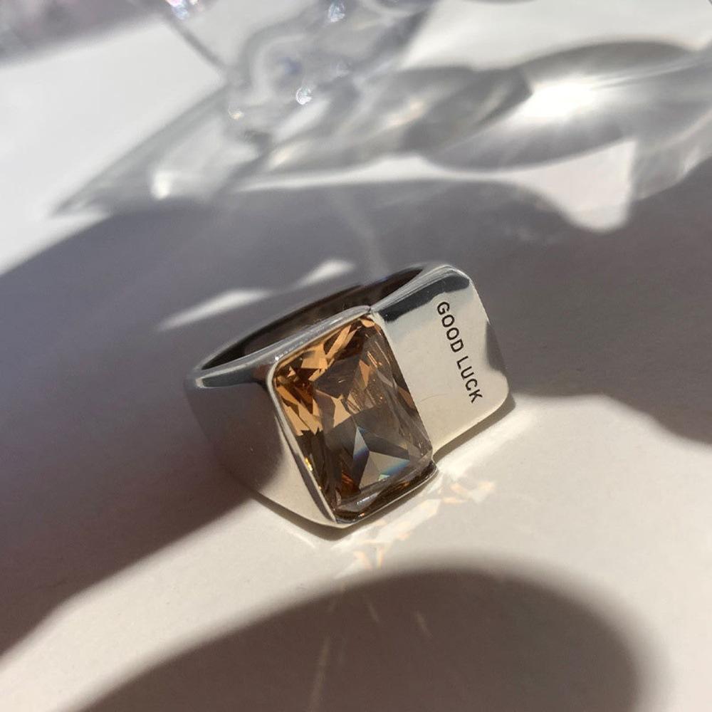 Fashion Letter Good Luck Letter Square Crystal Stainless Steel Opening Couple Rings for Women Men Luxury Charm Finger Jewelry