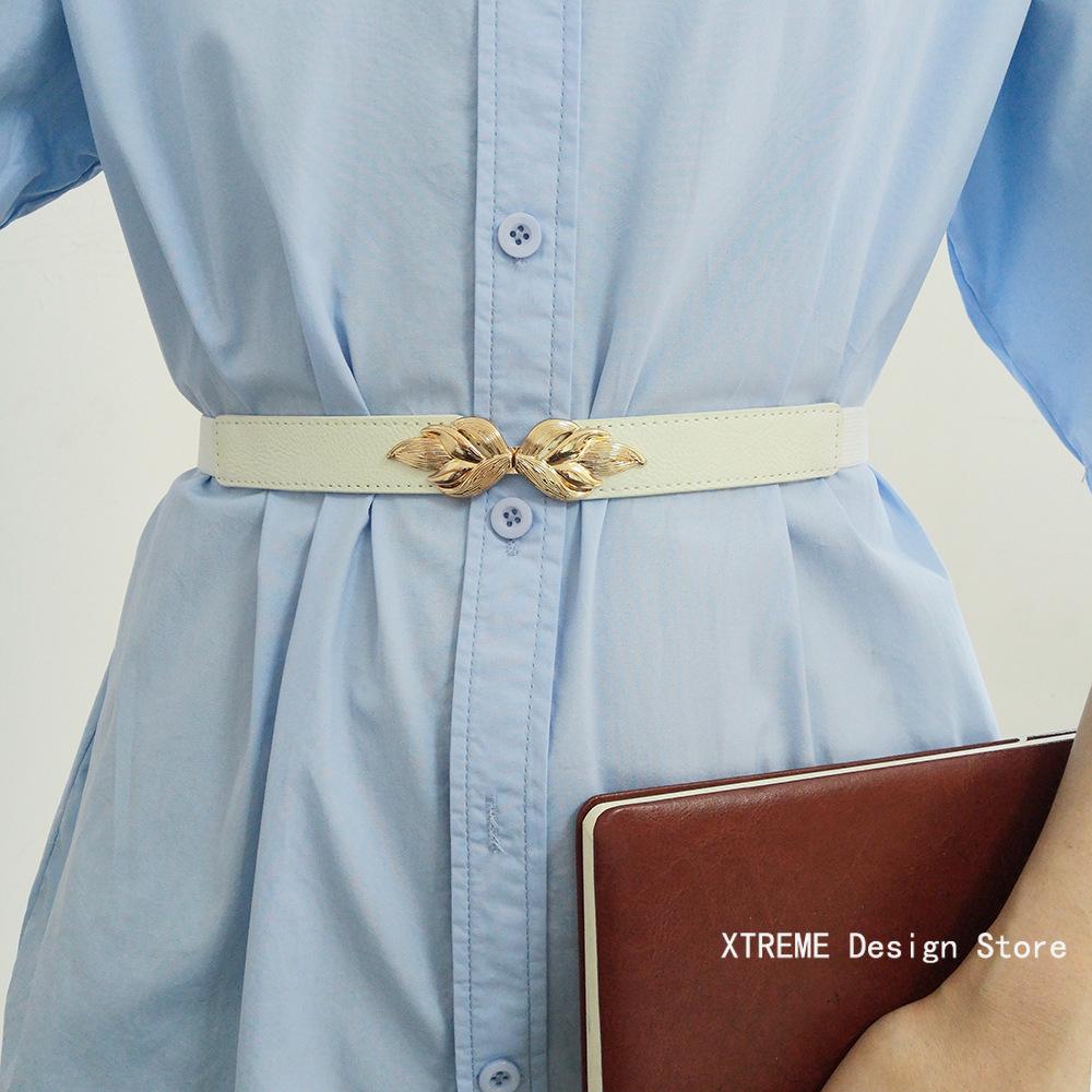 Fashion Leaf Thin Belt Stretch Dress Belt Women Fashion Waist Thin Buckle Waistband for Ladies Belt Decoration Narrow
