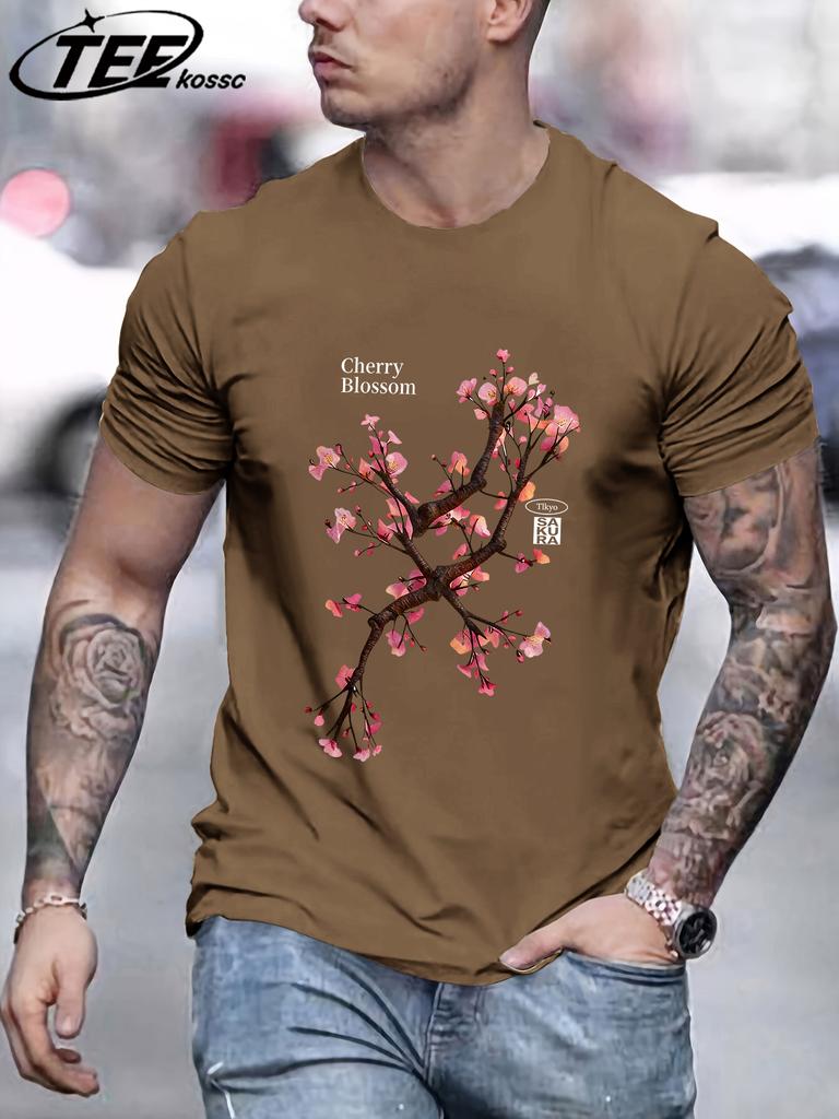 Beautiful Cherry Blossoms Printing Retro TShirt Mens Loose Cotton Tee Shirts Trendy Summer Clothing Unisex AllMatch Streetwear