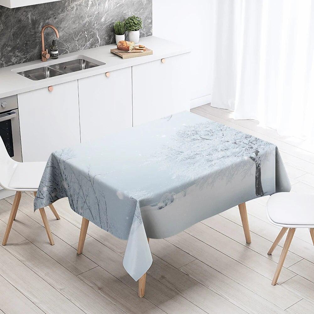 Față de masă cu zăpadă de iarnă frumoasă, anti-fouling, impermeabilă, dreptunghiulară, pentru decorarea casei
