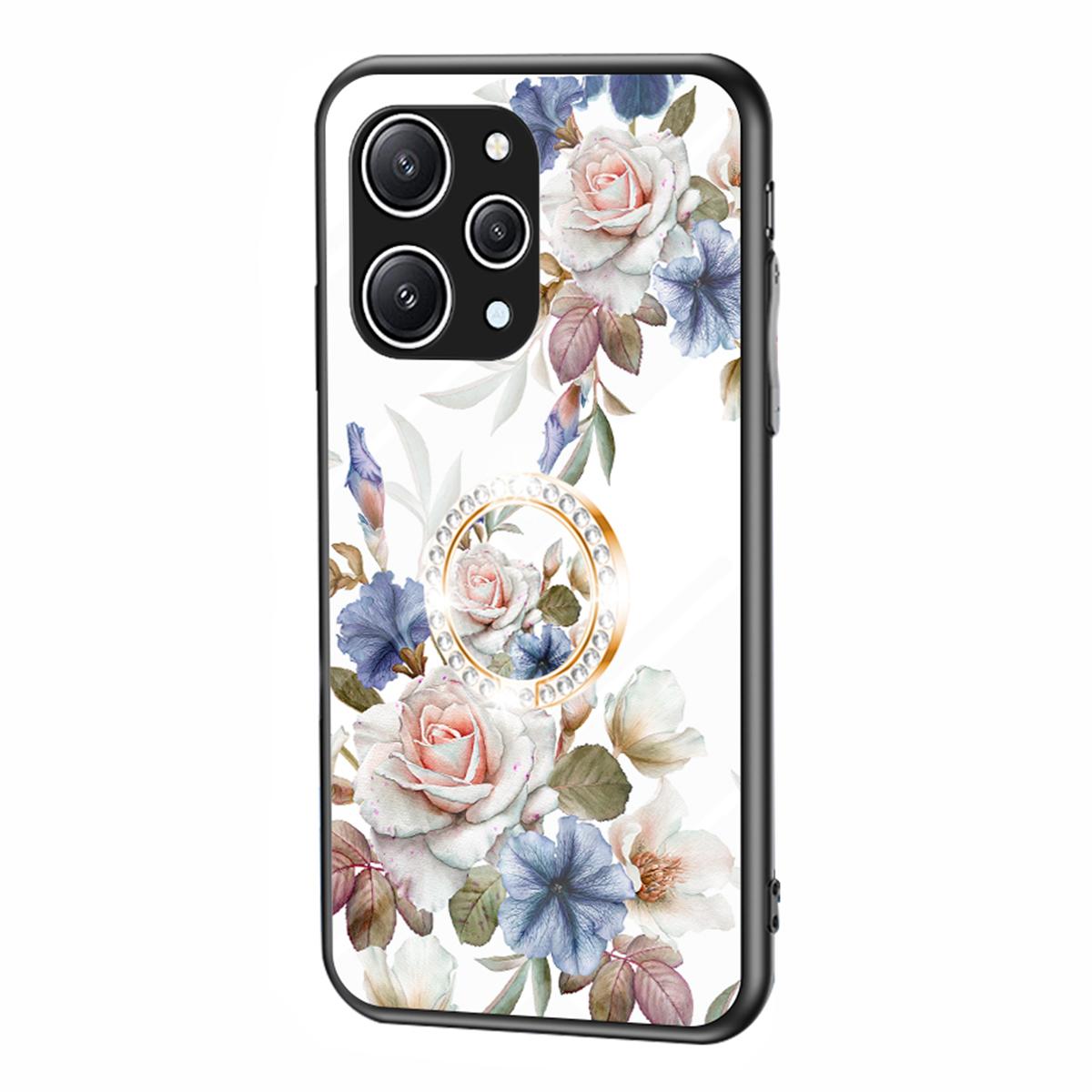 

Flower Pattern Ring Kickstand Case for Xiaomi Redmi 12 4G Tempered Glass+PC+TPU Phone Cover White Flower Bush