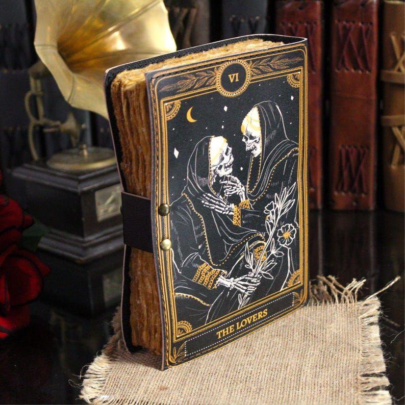 Book of Spells Grimoire Printed Journal The Lovers Tarot Notebook Spiral Gothic Notebook Skull Lover Antique Journals Gifts for Men or Women