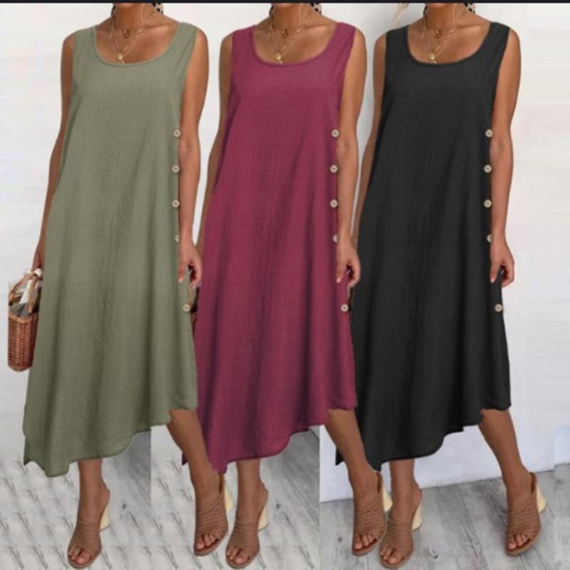

Summer New Vest Skirt Cotton Linen Solid Color Dress Long Skirt S рожевий