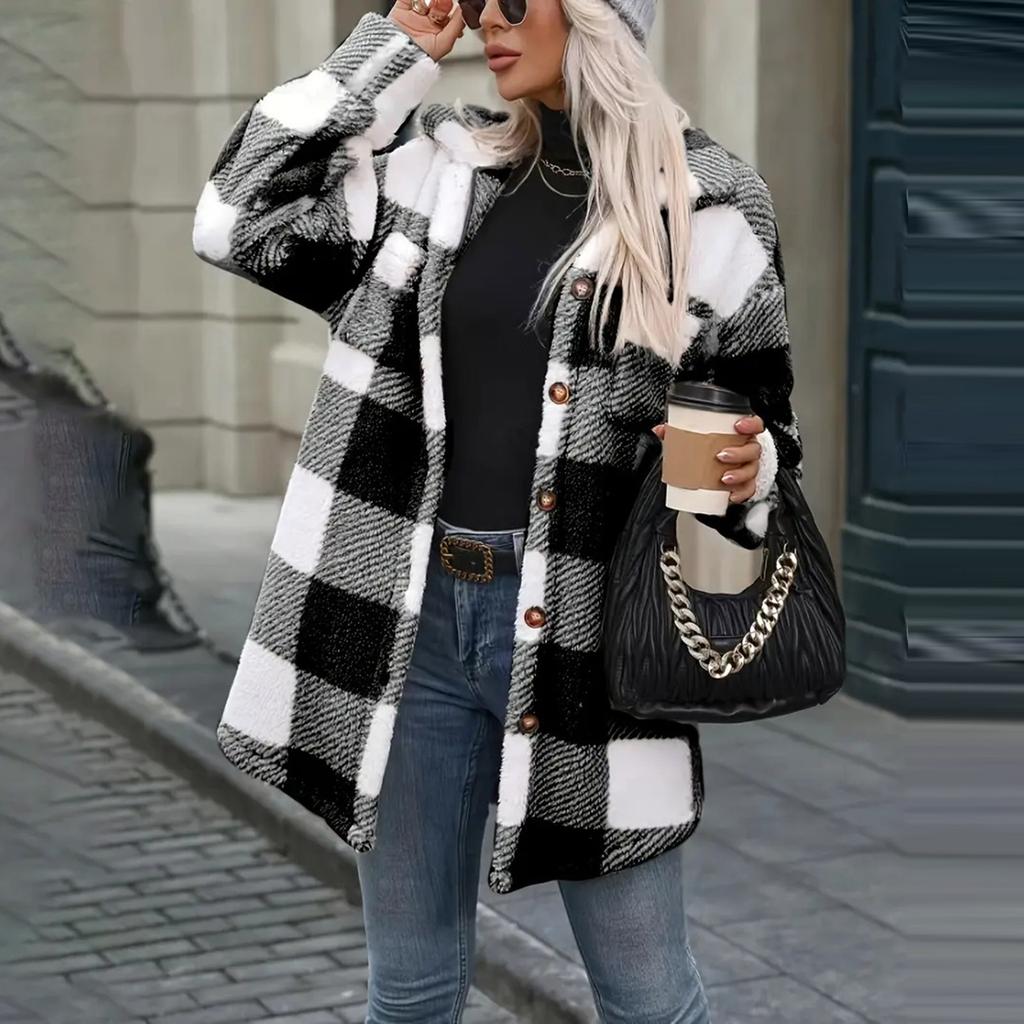 Fashionable Women's Mid-length Plaid Coat