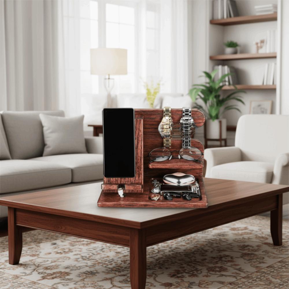 Space Saving Charging Phone Holder Solid Wood Watch Organizer Charging Station Desk Organiser  Gift