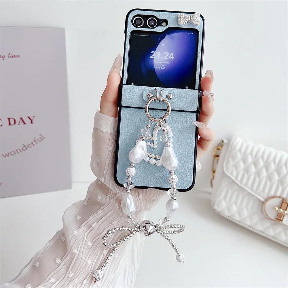 Bow Bead Wrist Strap Phone Case for Samsung Galaxy Z Flip 6 5 4 3 Flip5 Flip4 Flip3 5G Hard Leather Shockproof Protective Cover