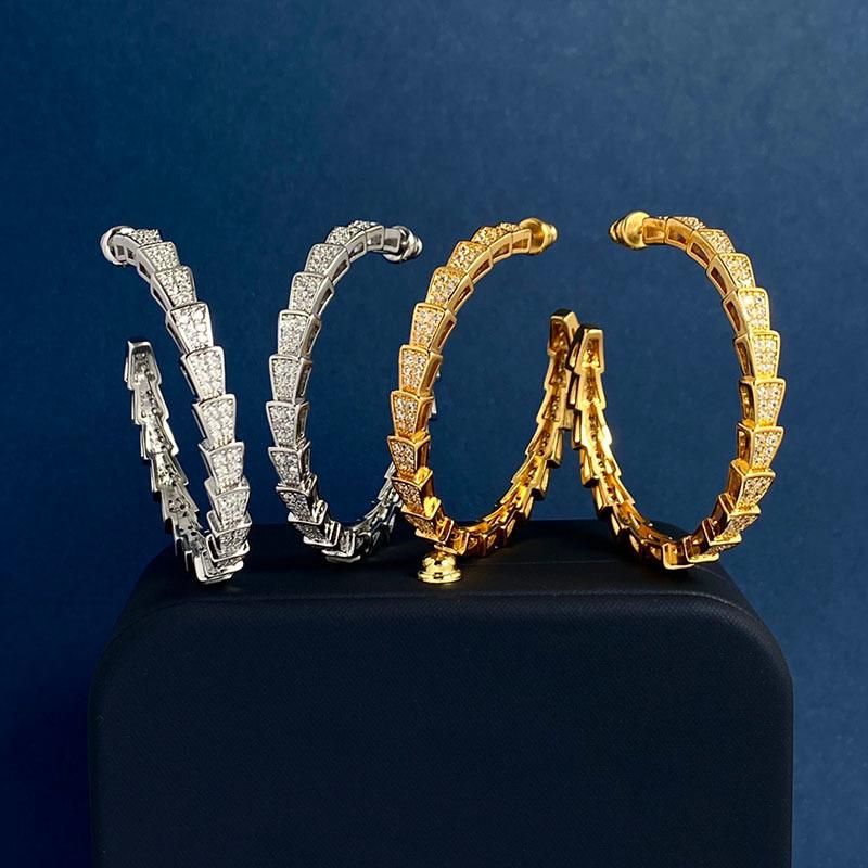 Boucles d'oreilles serpent à clous version étroite entièrement serties de diamants tendance Ins, tempérament pour femmes, marque, serpent, boucles d'oreilles anneaux larges en forme de C