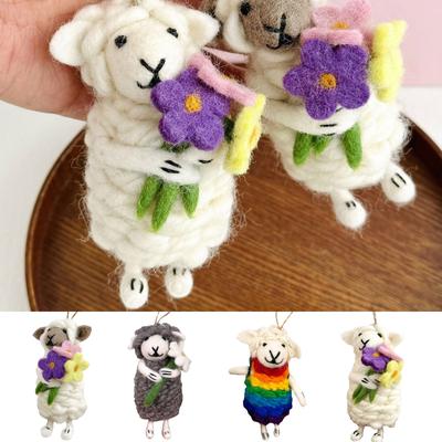 Cute Lamb Holding Flowers Bag Pendant Handmade Wool Car Hanging Keychain Couple Birthday Gift