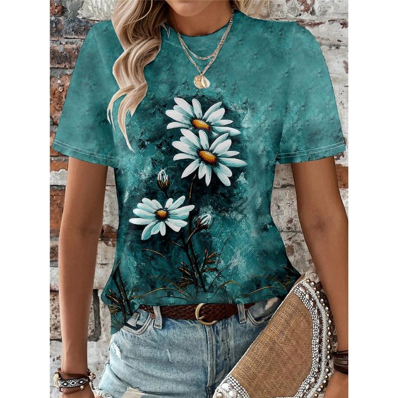Women's Summer Casual Crewneck 3D Print Dandelion Pattern Breathable O Neck Short Sleeve Oversized T-shirt Summer