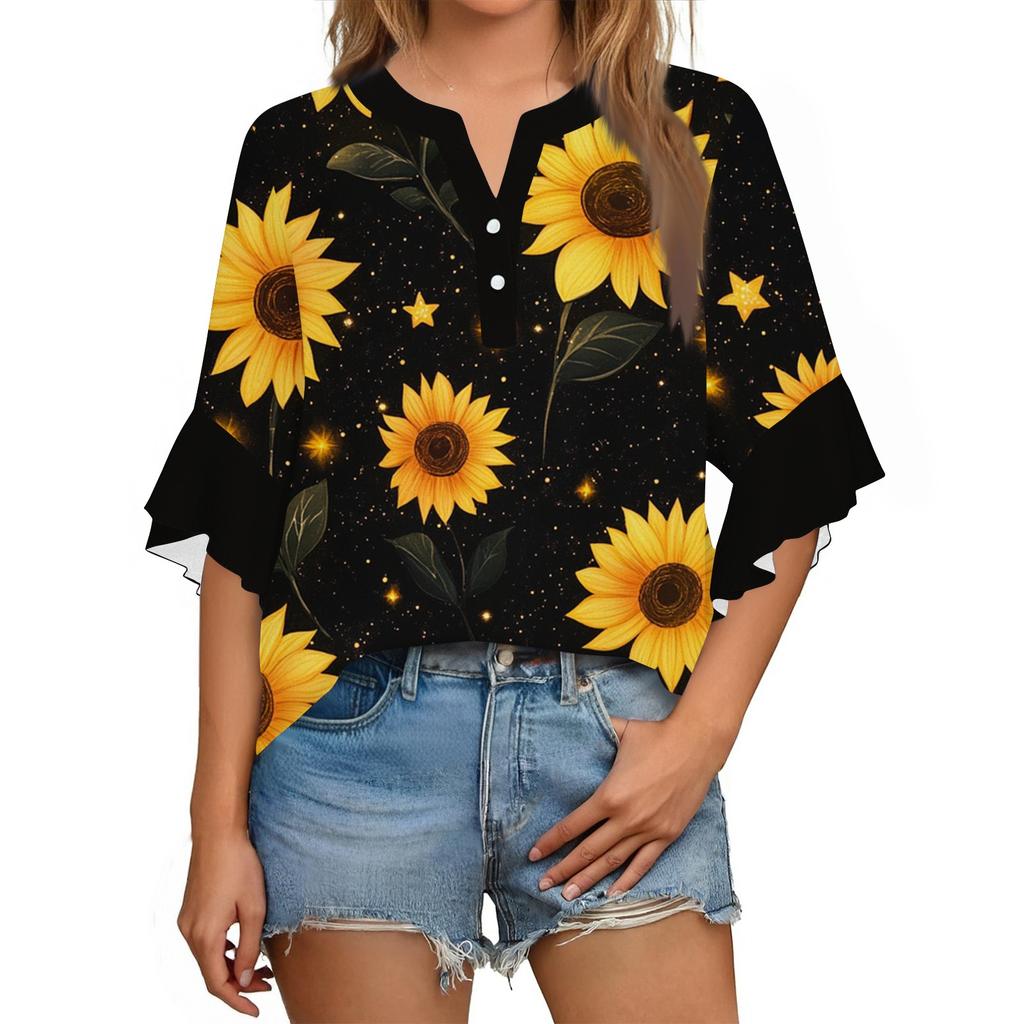 Summer Tops For Women Cute V Neck 3/4 Sleeve Blouses Floral Print Top Casual Shirts