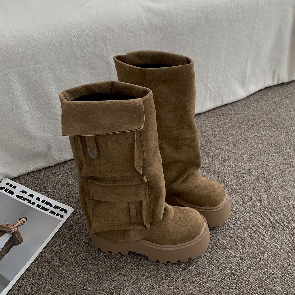 Brown Suede Pocket Flat Platform Knee High Boots Women's Soft Y2K Cool Round Toe Highten Shoes 2025 New in Luxury Designer Shoes