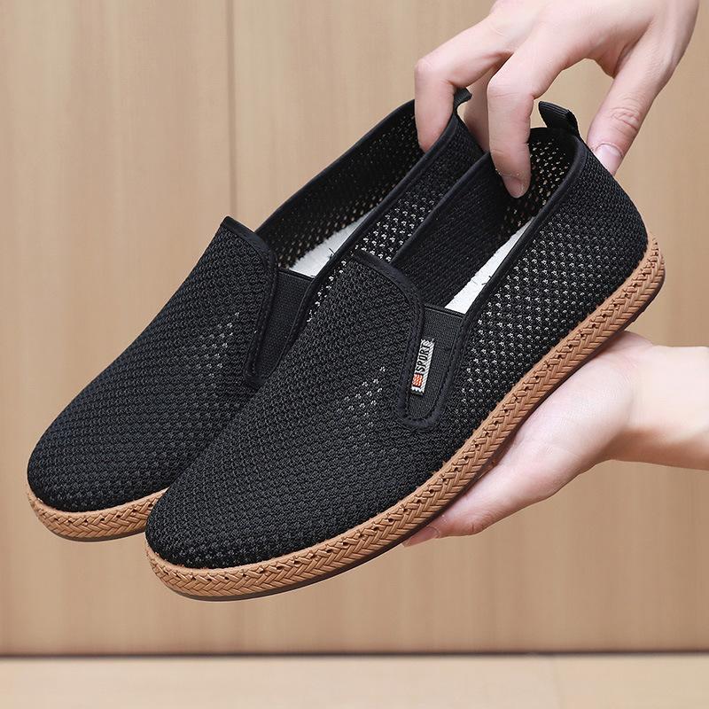 Classic Mens Canvas Shoe Outdoor Light Walking Flats Summer Breathable Hollow Out Mesh Shoes for Men Comfortable Slip-on Loafers