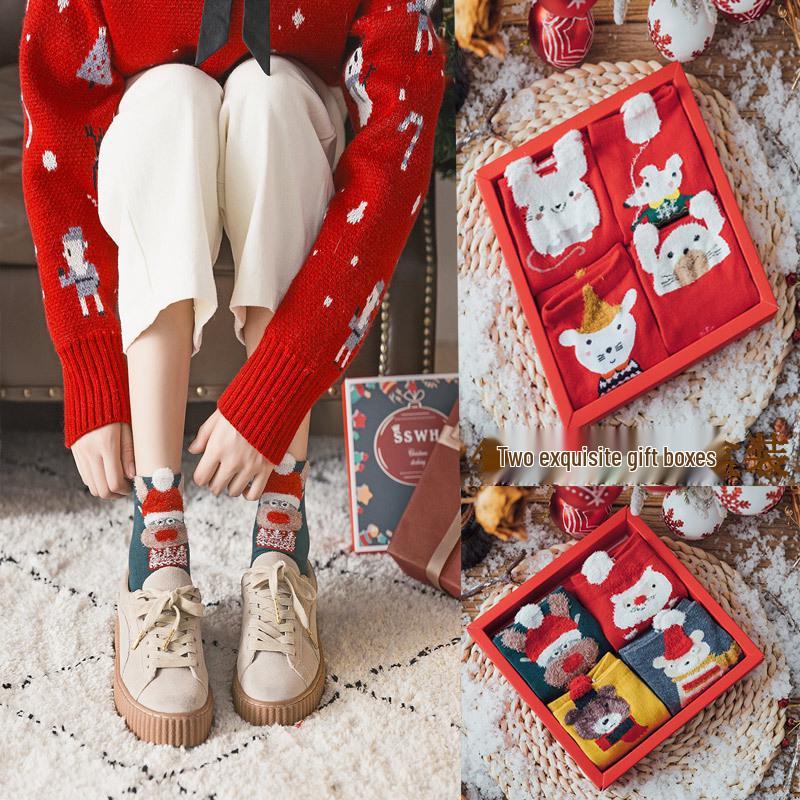Damen Weihnachts-Mittelwaden-Tier-Socken, Koreanischer Stil, Reine Baumwolle, Geschenkset, Benming Jahr Neujahrsedition.