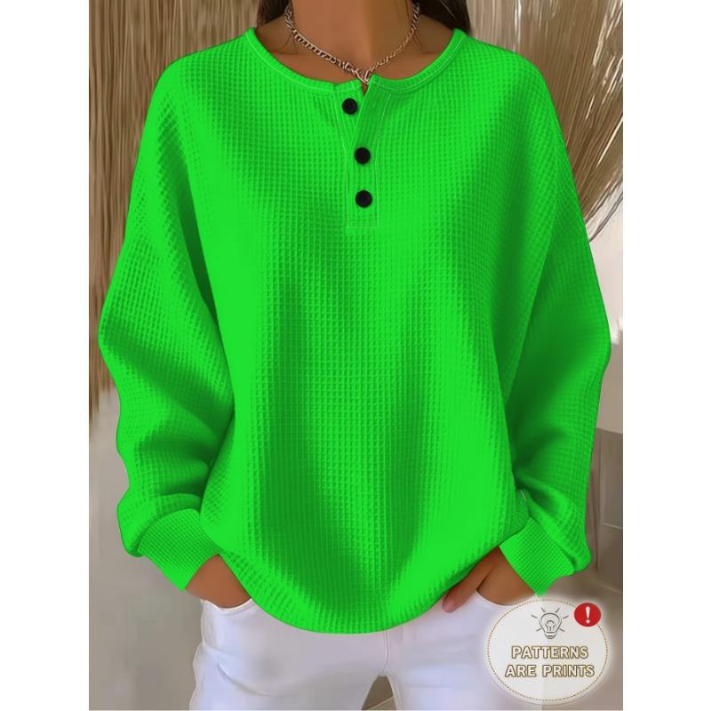 Henley Collar Standard Size Women'S Waffle Long Sleeve Casual T-Shirt, Pure Pink, Soft Skin-Friendly Breathable Fabric
