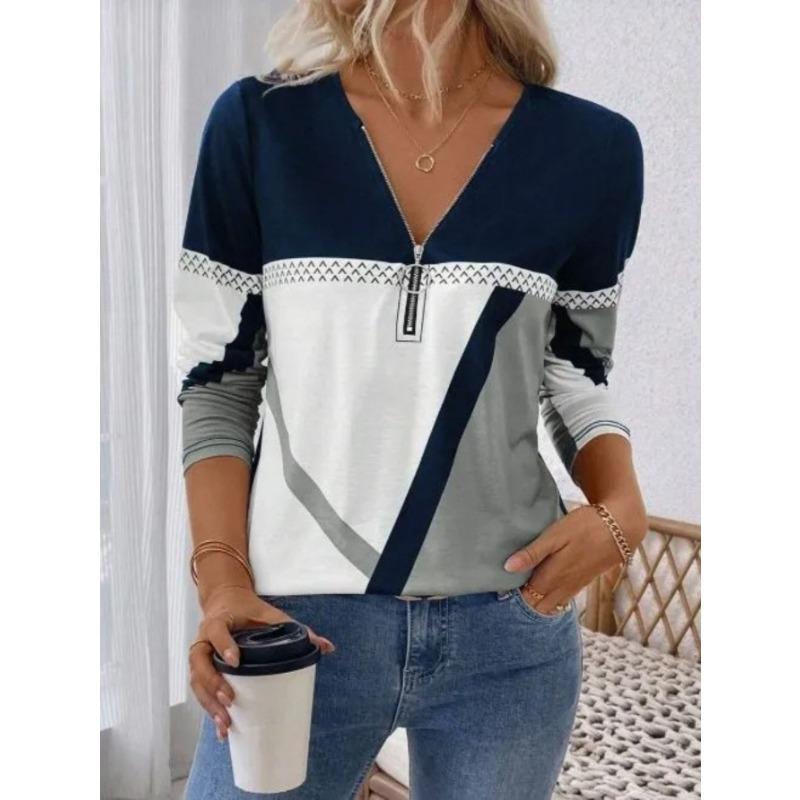 Elegantes Damenoberteil mit Reißverschluss und Print, langärmelig, stilvoll und vielseitig für Herbst und Winter, Freizeit- und Bürokleidung, maschinenwaschbar