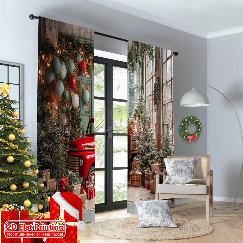 2pcs 2D flat printing Christmas Curtain Vintage red car Christmas tree 100% Polyester Without Electricity Versatile for Po