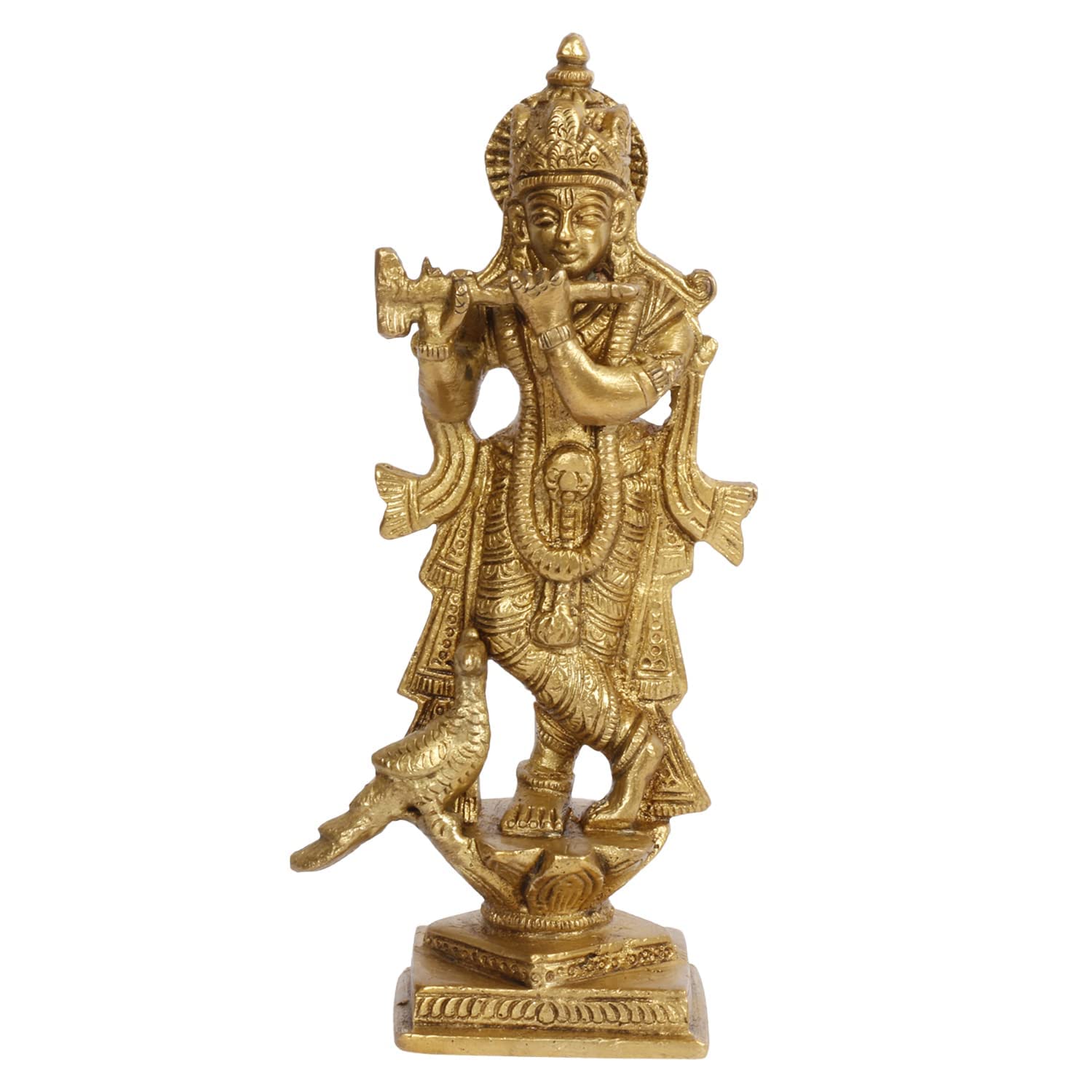 Pure Brass Krishna Idol Standing Playing Flute With Peacock, Home Decor -6 Inch