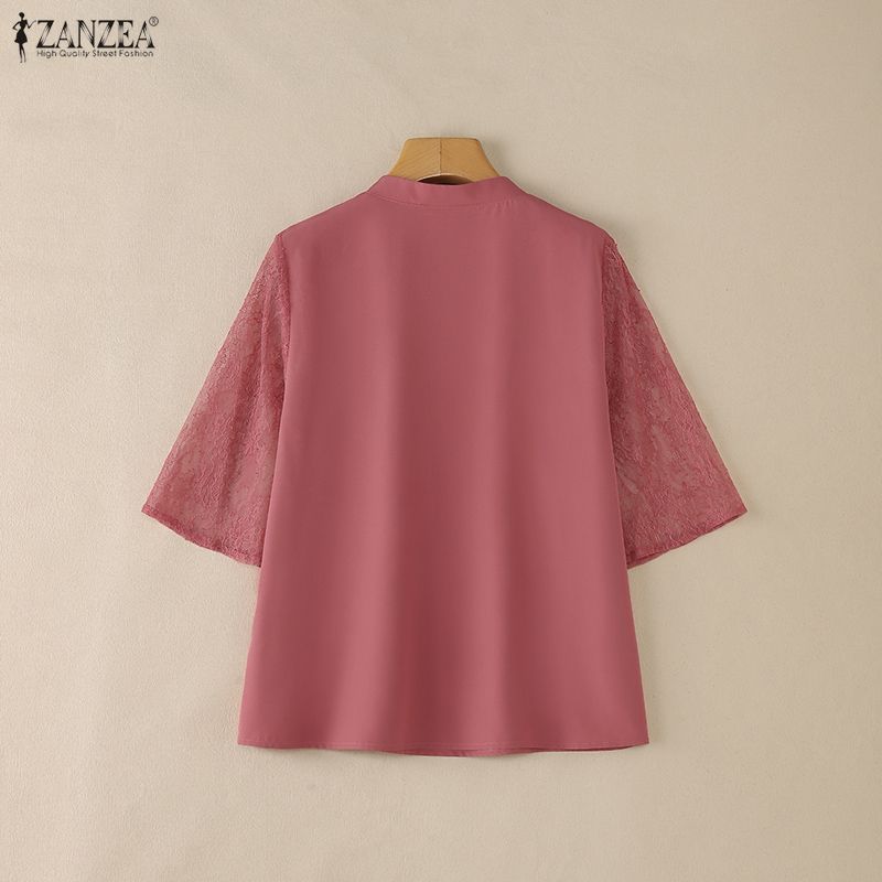 ZANZEA Women Casual V-Neck Lace Splice 3/4 Sleeve Blouse