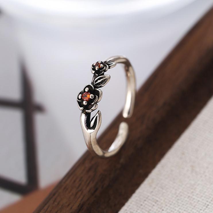 PONYKISS Sterling Silver Zircon Vintage Rose Rings for Women Party Minimalist Opening Fine Plant Accessories