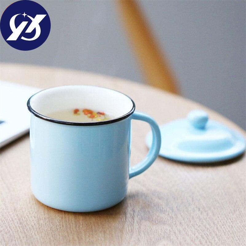 400ml Vintage Enamel Coffee Mug with Lid Ceramic Milk Mug Pigmented Tea Cup Office Water Cup Drinkware
