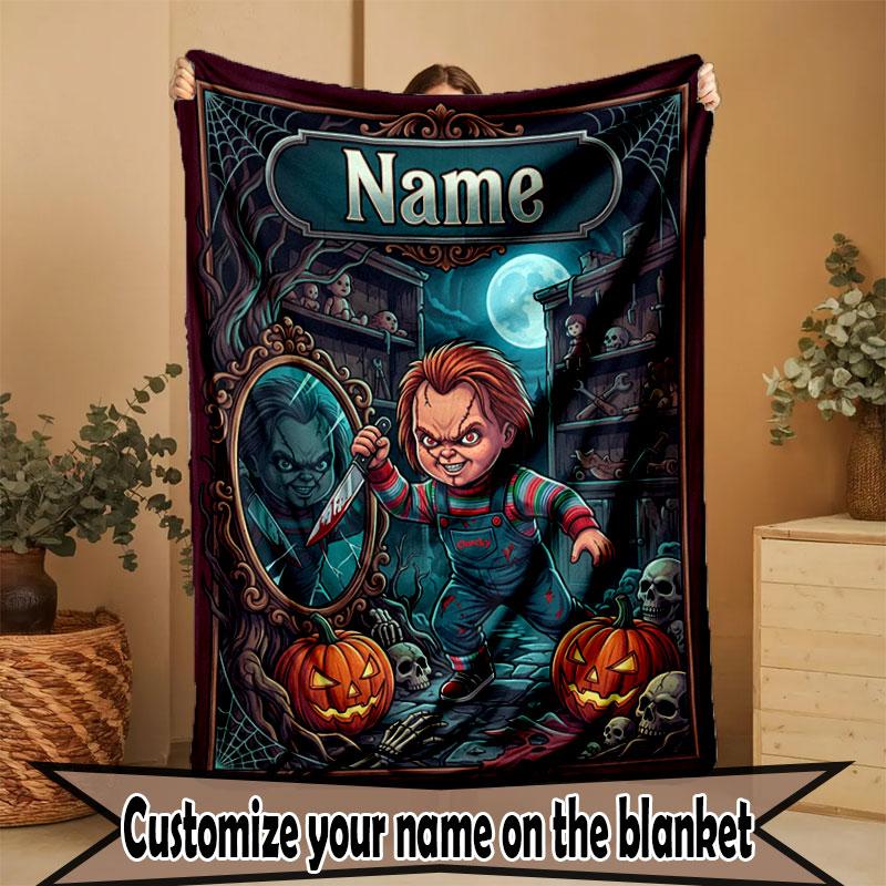 Custom Name Personalized Horror Theme Chucky Print Blanket, Home Decor, Bedroom, Sofa, Camping, Couch, Gifts for Birthday Christmas