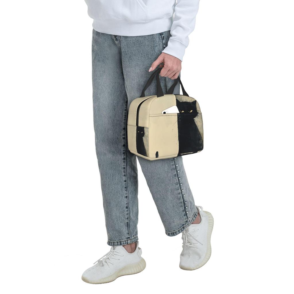 Insulated Lunch Bag with Black Watercolor Cat Design, Perfect for Commuting, School, Picnics, and More. Large Capacity and Easy To Carry. Perfect for