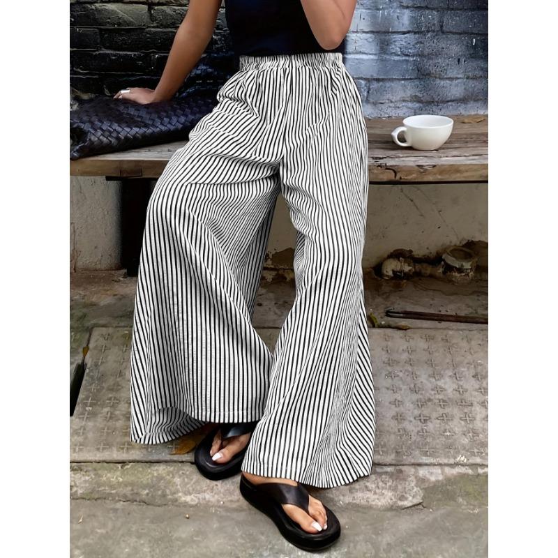 Fashion Striped Elastic Waist Straight Leg Wide Leg Pants Women Elegant Casual Loose Long Pants Spring Autumn Printed Simple Clothing