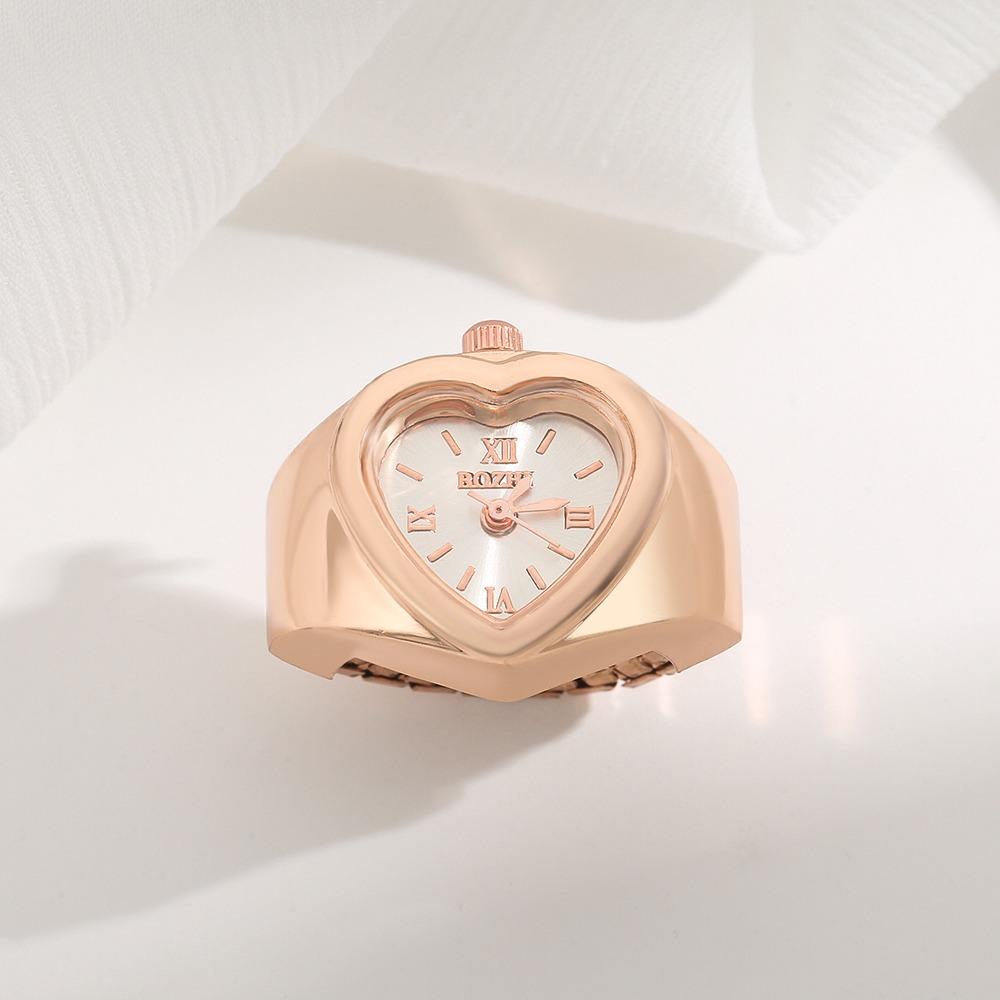 Alloy Ring Watch Elastic Strap Finger Watch Retro Heart Shape Rings Watch  Jewelry Rose Gold White