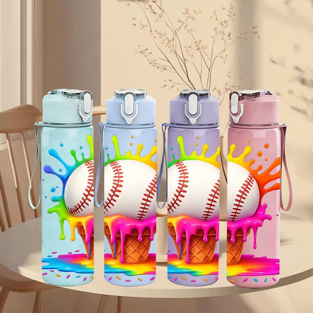 1PC Splash Baseball Art 750ml Color Plastic Sports Water Bottle Leakproof Flip Straw Lid Suitable for Sports Office Home Use
