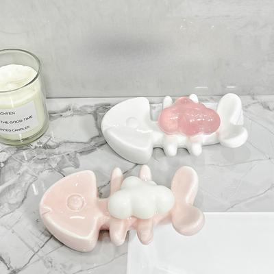 Cute Fish Bone Bathroom Soap Box Ceramic Drain Wash Sink No Punching Laundry Soap Box Household